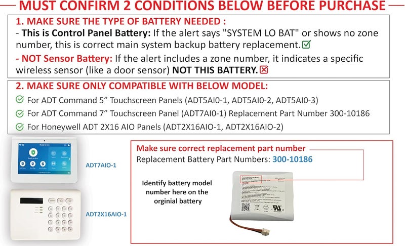 WirelessFinest Battery Replacement for ADT Command Smart Security Panel ADT5AIO-1 ADT5AIO-2 ADT5AIO-3 ADT7AIO-1, Honeywell ADT 2X16 AIO Home Security System Keypad ADT2X16AIO-1 ADT2X16AIO-2 Battery 300-10186 - Image 2